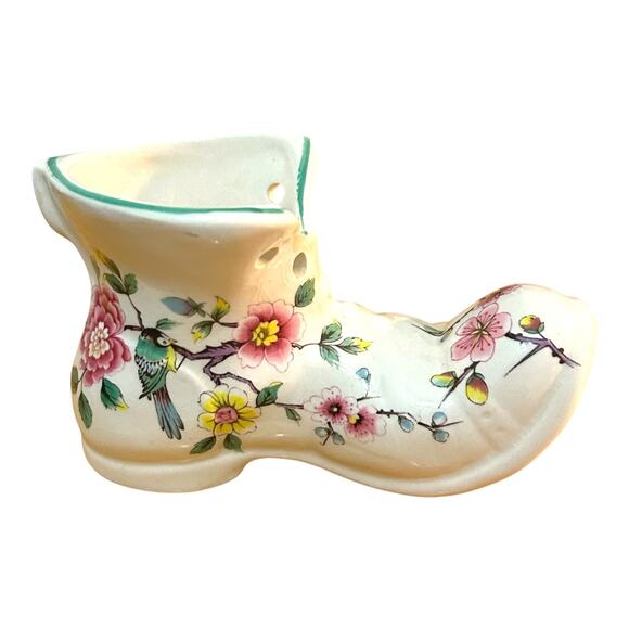 Vintage James Kent Old Foley Chinese Rose Porcelain Boot Small Planter Decor - Picture 1 of 7